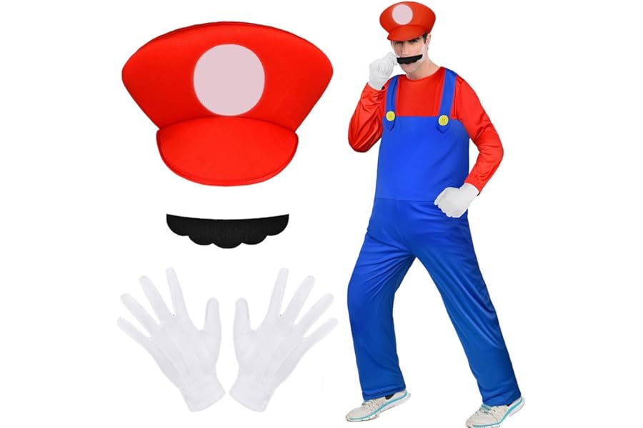 Aomig Mario Costumes, 4 Pack Mario Cosplay Costume Accessories Kits with Bodysuit, Luigi Hats Cap, Mustaches, White Gloves, Mario Luigi Bros Fancy Dress Outfit Costume for Women Men