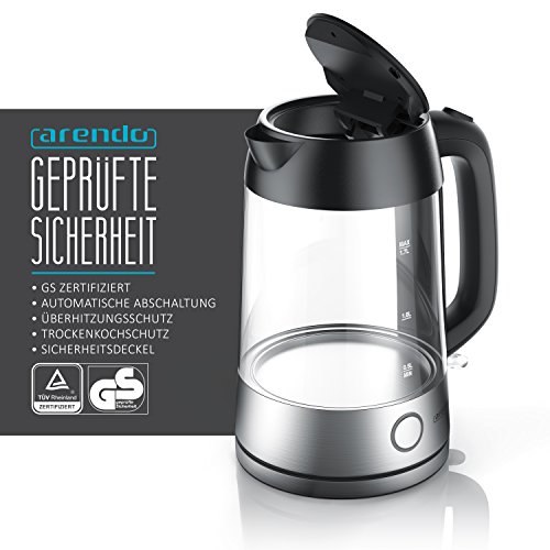 Arendo – Edelstahl-Glas-Wasserkocher inkl. LED-Innenbeleuchtung | Edelstahl-Glas-Optik | STRIX-Controller | integrierter Kalkfilter | 1,7 Liter | 2200 Watt | automatische Abschaltung | One-Touch-Verschluss - 2
