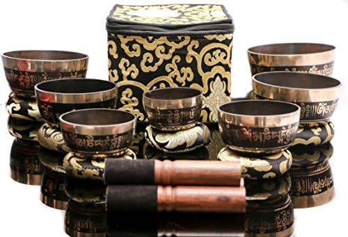 Om Mani Padme Hum Tibetan Singing Bowl Set of 7-Chakra Healing Meditation Bowls -Free Box, Cushions and Sticks - Buddhist Bowls - Black Design