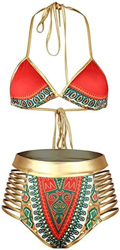 African Printing Sexy Hanging Neck Triangle Bikini High Waist Split Swimsuit,L