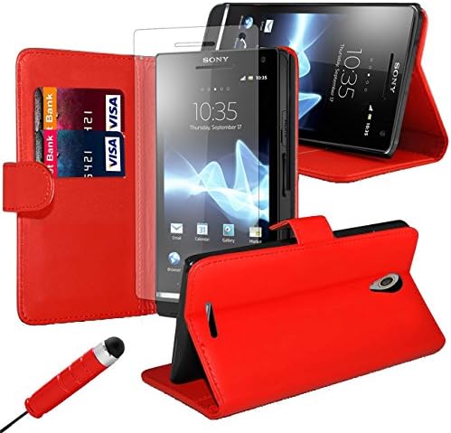 iJQ - Red Premium PU Leather Flip Case Wallet Cover For Sony Xperia M4 Aqua With Card Slots And Built in Stand Plus Screen Protector And Screen Stylus Pen