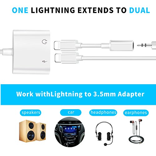 2 in 1 Lightning Audio + Charge Conversion Adapter, Anskp Dual Lightning Headphone Adapter Splitter Supports Lightning Audio and Charging At the Same Time, Supports Call, Charging, Volume Control, Compatible for iPhone 7 / 7 Plus [Support iOS 10.3 and Later] - White