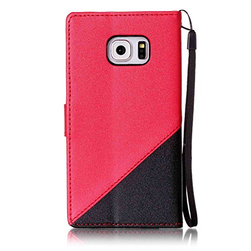 Galaxy S6 Edge Hülle,Samsung S6 Edge Leder Case,Sunroyal PU Leder Brieftasche Schutzhülle Tasche Handyhülle Schutz Hüllen im Bookstyle Ledertasche mit Stand Funktion Kartenfächer Magnetverschluss Magnet Etui Schale Schutzhüllen,Retro Schwarz Rot Muster Entwurf Flip Klapp Cover Tasche mit Strap Kartensteckplatz Hinterschale Kartenschlitz mit Silikon Kratzfest für Samsung Galaxy S6 Edge + HD Super Klare Displayschutzfolie - 3