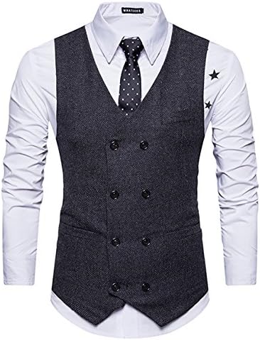 GOMY Mens Slim Fit Double Breasted Tweed Waistcoat Vintage Gentleman British Suit Vest Black S