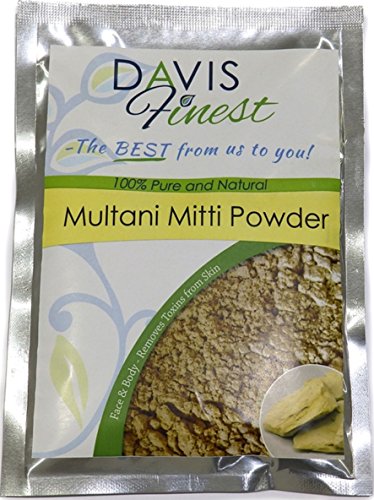 Davis Finest Pure Multani Mitti Fullers Earth Clay Powder - 100% Natural Indian Healing Clay for Face Pack Blemish Control and pore Cleansing Mask Treatment Helping to Reduce and Clear Blackheads or Whiteheads - Oily Skin Exfoliator - Removes Dead Cells and Toxins - Rejuvenates Skin Cells - Smooth Complexion Radiant Skin (50g) (100g)