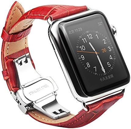 QIALINO Smart Replacement Band for 38mm/14.96" Apple Watch Band, Genuine Leather Iwatch Strap with Metal Clasp (Rose Red)