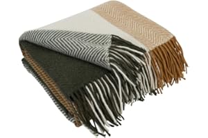 LYHome Ciepły Koc z Wełny Merynosów z Modny Wzór Kwadraty z Jodełką: Pled na Łóżko, Kanapę, Sofę do Salonu, Sypialni. Duzy, Miękk (140 x 200 / Zielony - Żółty Musztardowy - Biały)