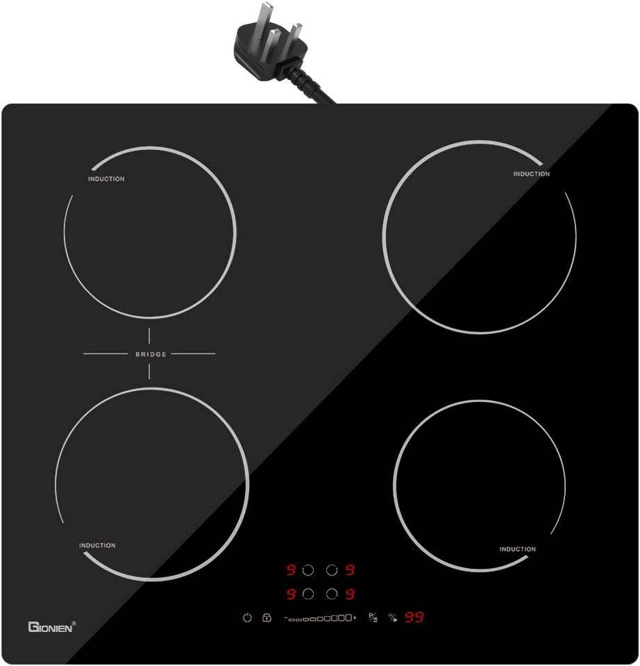 GlONlEN Plug-in Induction Hob 13 Amp 2800W,60cm Integrated Electric Cooktop with Bridge Zone, 4 Cooking Rings Cooker GIT470SP,Drop-in Ranges