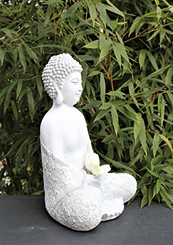 Steinfigur Buddha sitzend – Antik-Weiss, Garten, Deko, Figur, Stein, Statue, Frostsicher - 4