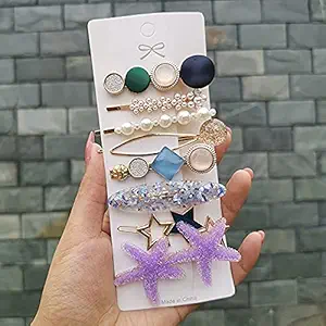 Kashishs Metal Hair Clips Barrettes Pins for Women Geometric Shape Hollow Hairpin Korean Clips Hair Clip Clamps,Pearl Metal Clips, Combo Pack of 8 Design for Girls (dual star))