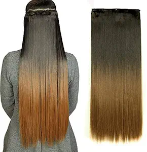 ZALYA Synthetic Fibre Clip in Hair Extensions for Girls and Women 22-24 Inches Pack of 1 Straight Ombre Natural Black to Light Brown