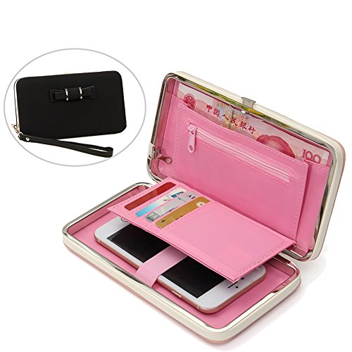 Damen Leder GeldbÃ¶rse GroÃŸ, Aeeque Lang Modisch Bowknot Stil Lady MÃ¤dchen Handyfach PU Kunstleder Phone Case HÃ¼lle Clutch Tasche Brieftasche KartenfÃ¤cher Tragbar Armband Purse Portemonnaie Portmonee LedergeldbÃ¶rse Geldbeutel fÃ¼r Samsung iPhone Huawei Wiko LG - Schwarz