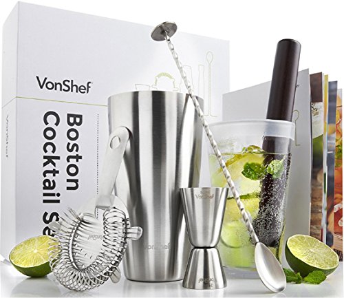 VonShef Premium Boston Cocktail Set mit Rezeptbuch, Edelstahl 550ml Shaker & Glas, gedrehter Barlöffel, Hawthorne-Sieb, 25ml/ 50ml Messbecher & Holz-Stößel - Zwei Jahre KOSTENLOSE Gewährleistung