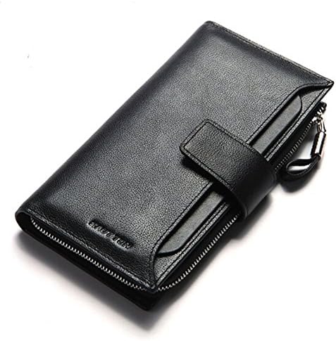 AIAIMEI Men's Long Clutch Wallet Genuine Leather Checkbook Wallet Purse with Zipper Pocket QB102-BLACK