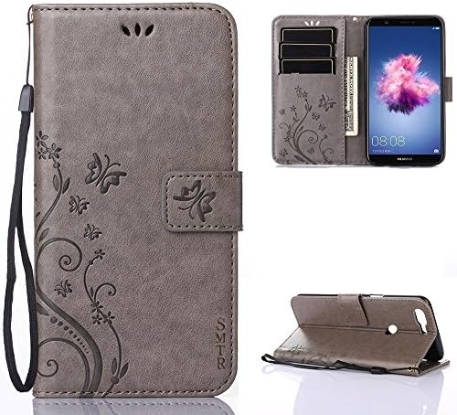 SMTR PU Leather Wallet case Stand Cover for Huawei P Smart - Retro Dlowers Pattern Design - Gray Leather Flip Cover Wallet for Huawei P Smart