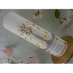 Geburtstagskerze Jubiläumskerze Lebensbaum Tauben gold blau Geschenk Kerze zum Geburtstag 250/70 mm inkl. Beschriftung