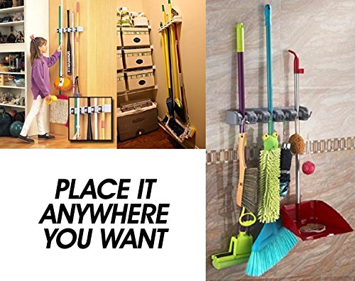 Newdora Besen Mop Halter, Gerätehalter Wandhalterung, Ordnungsleiste Wandhalter mit 5 Haken und 6 Schnellspannern für Mopp ,Besen und Gartenwerkzeug usw - 8