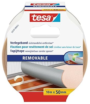 tesa Ruban Adhésif pour Sols sans Traces - Ruban Adhésif Double Face pour Tapis, Sols en PVC et Moquettes - Adhésif Renforcé en Textile, 10 m x 50 mm