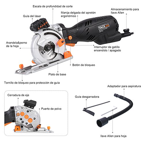 Sierra Circular 705W, 4500 RPM, 6 Hojas, Tacklife CSK77AC Sierra Circular con Guía Láser, 230 V/50 Hz, Cortar Azulejo, Madera, Metal y Plástico, Profundidad de Corte: 0-28.5 mm( 90°)