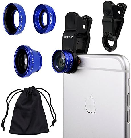 Meeaja 3 in 1 180 Degree Fisheye Lens Plus Wide Angle Lens Plus Macro Lens iPhone Camera Lens Kits for iPhone, Android and Smartphones with Flat Camera (Blue)