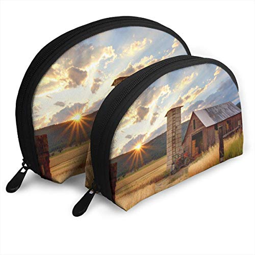 Farmhouse Sunset Shell Portable Bags Clutch Pouch Cosmetic Makeup Bag Pouch 2Pcs