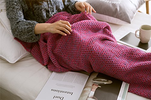 KiKi Monkey Multi-Größe handgemachte gestrickte Mermaid Schwanz-Decken-Sofa Schlafsäcke All Seasons für Erwachsene Kinder (M, DEEP RED) - 4