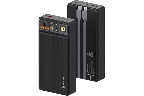 Portronics Luxcell Bind 20k 20000mAh Powerbank with 22.5W Fast Charging, in-Built Type C PD(Input & Output) /8 Pin Cable, LED Indicator, USB-A Mach Output, Compatible with Smartphones,Tablets(Black)