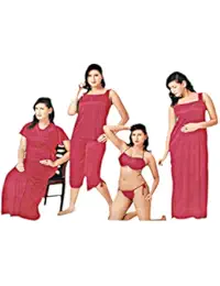 Indiatrendzs Women Satin 6 pc Hot Nighty Set Bridal Sexy Strap Nighty With Free Size Overcoat, Top, Pajama, Bra and Panty 38"