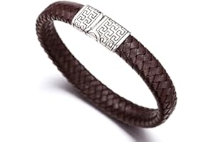 HALUKAKAH ● Solo ● Men's Genuine Black/Brown Leather Bracelet Greek Key Titanium Clasp with Magnets 8.46"(21.5cm) - with Giftbox