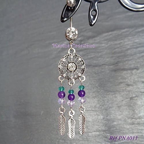 Stainless steel 316L Belly button piercing Dreamcatcher, peacock green and light purple swarovski, purple jade,bar length 12mm