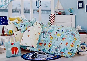 Ab Home Decor Fish and Other Sea Creatures Cartoon Print Bedsheet for Kids Double Bed Boys / Girls - Sheet Size 90 x 100 with 2 Pillow Covers-Light Blue