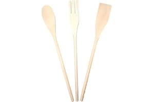 LEDDY LIVING 3x Utensili per Cucinare in Legno di Faggio – Set Cucchiaio Paletta Forchetta da Cucina, per Arrostire e Cuocere al Forno – 30,5 cm Design in un Unico Pezzo – Accessori Antigraffio – Mestolo