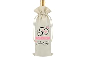FABULOUSTRIM 50th Birthday Gift for Women,Reusable Linen Jute Wine Bottle Bag with Drawstring,“50 and Fabulous” Design,Decorative Eco,Friendly Gift Wrap,Perfect Birthday Present for Her or Friend