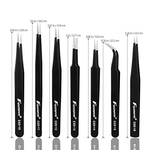 Foxnovo ONLYOU 7 Stueck Edelstahl Pinzetten ESD Praezisions Pinzette Reparatur Werkzeug - 2