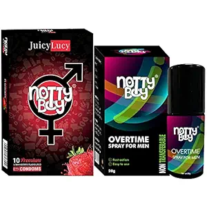 NOTTY BOY Strawberry Flavoured Condoms 10 Count with OverTime Non Transferable Spray 20gm