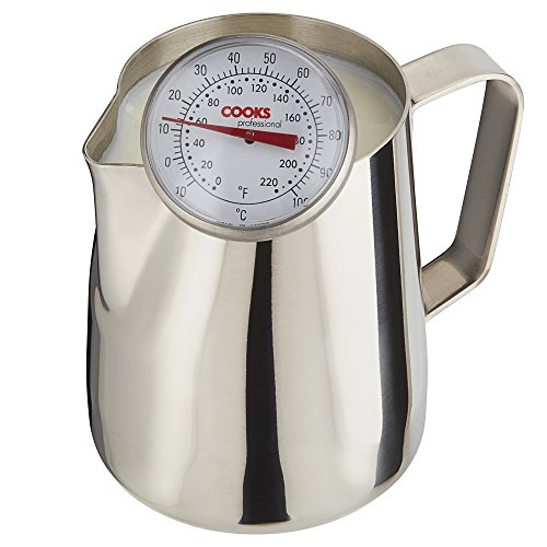 Cooks Professional - Vaporizador de Leche en Acero Inoxidable Estilo Barman, Jarra y Termómetro para Máquina de Café