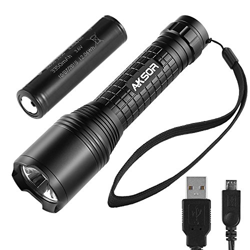 AKSOR K25 Wiederaufladbare LED Taschenlampe, Einstellbarer Fokus USB Taktische Taschenlampe, IP65 Wasser Widerstand 1000LM CREE Led Taschenlampe Kopflampe (inklusive 18650 Batterie) mit 5 Leuchtmodi