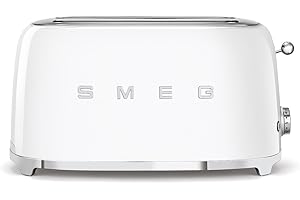 Smeg, Tostapane 2x4 TSF02WHEU, 2 Scomparti per 4 fette, 6 Livelli di Doratura, Funzione Riscaldamento, Scongelamento e Bagel, Espulsione Automatica del Pane, Cassetto Raccoglibriciole, 1500W, Bianco