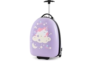 GOPLUS Kinderkoffer mit Rucksack, Kids Trolley, Kindergepäck mit Rollen, Reisekoffer mit Teleskopgriff, Hartschalenkoffer für Kinder, Kindertrolley Farbwahl (Hellviolett-Einhorn, 16")