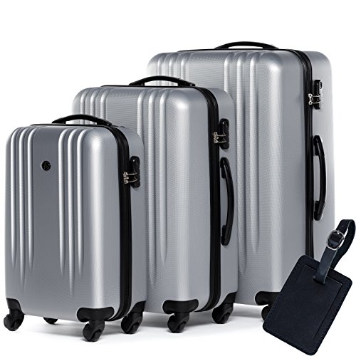 FERG&Eacute;&reg; Juego de 3 maletas trolley Marseille funda r&iacute;gida 4 ruedas plateado