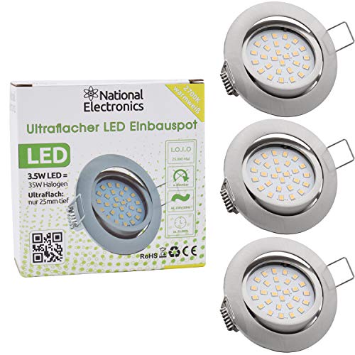 3x National Electronics Slim Line Foco empotrable cepillado en acero inoxidable sólo con profundidad de montaje de 25 mm con un sistema integrado de 3,5W 320 lúmenes blanco cálido
