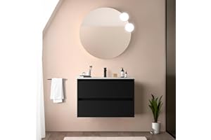 Inbagno Mobile bagno sospeso 80 cm nero satinato con lavabo e specchio tondo 70 cm, 2 cassetti con chiusura soft-close, GAYA