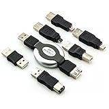 zanasta USB Kabel Adapter Set Verlängerungskabel Reise Ladekabel und Stecker USB-A 2.0 Stecker / Mini-USB 5pin / Firewire / USB-B (z. B für Drucker) | Universal für Tablet Smartphone und E-Book Reader (ebooks) | Ausziehbare Kabel-Trommel