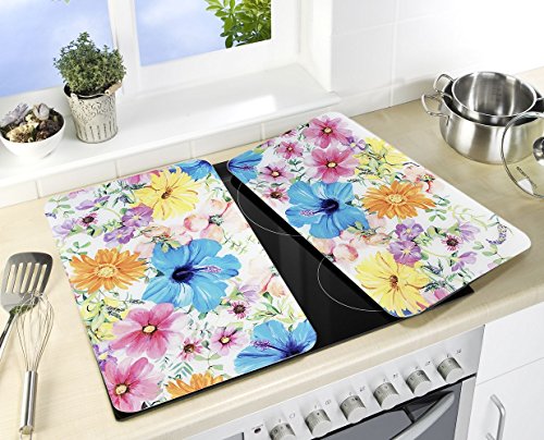 WENKO 2521454500 Herdabdeckplatte Universal Blütentraum – 2er Set, für alle Herdarten, Gehärtetes Glas, 30 x 1.8-4.5 x 52 cm, Mehrfarbig - 2
