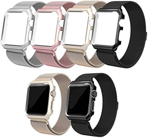 Apple Watch Milanese Strap Loop with Case Aluminum Bumper Case with Aluminum Cover Qualiquipment iWatch Metal Bracelet Accessories 42 mm 38 mm Series1 Series2 Series3, Gold, 38 mm