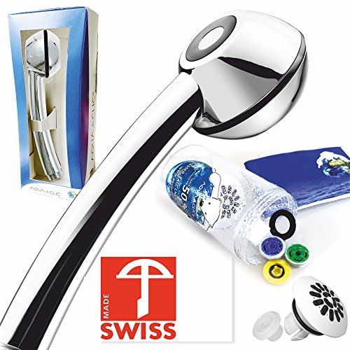 Duschkopf wassersparend BLACK POWER – SwissClima-Duschbrause mit Massagestrahl, kalkfrei, 3 Mengenregler für 4 Durchflussmengen, Aufsatz SOFTSPRAY für weichen Regenstrahl; Made in Switzerland direkt vom Hersteller Aquaclic®