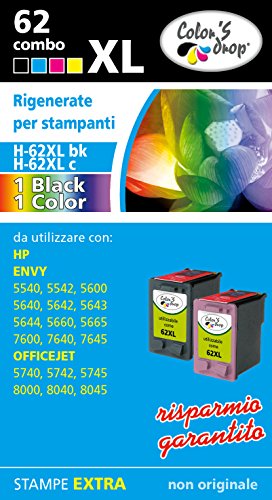 Lot de cartouches remanufacturées HP 62XL BK noir + 62XL C couleur Haute capacité