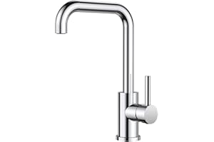 FORIOUS Kitchen Tap, Kitchen Sink Taps Mixer, 360 Swive Stainless Steel L Shaped Monobloc 1 Hole with Single Lever, Ploished Chrome