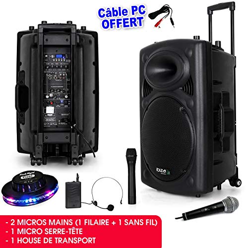 Public Adress mobile MP3 800W + 3 micros PORT15VHF-BT + Câble PC + Effet OVNI RoundMagic LytOr