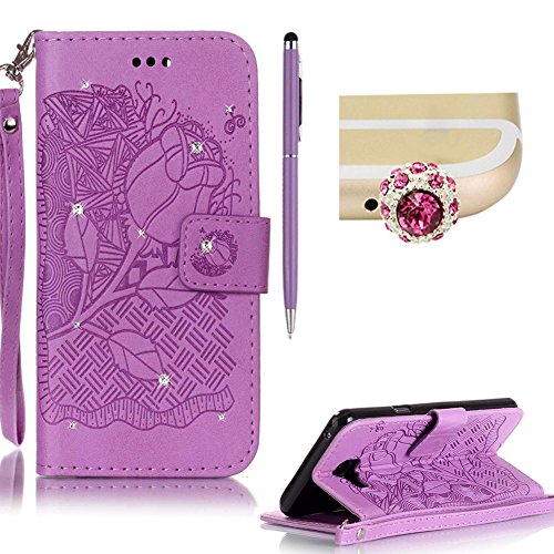 SKYXD für Samsung Galaxy A5 2016 A510F Hülle Leder Rose Blumen Drucken Muster,Brieftasche Klappbar Glitzer Strass PU Folio Schutzhülle [Kartenfach / Magnet / Standfunktion / Trageschlaufe] Inner Silikon Klapphülle mit [Handyanhänger + Eingabestift] 3 in 1 Zubehör Handy Tasche Etui for Samsung Galaxy A5 2016 A510F Bookstyle Flip Case Leather Cover With [Stylus and Dust Plug]- Violett